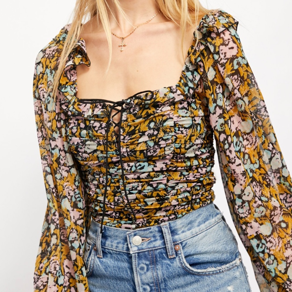 Free People Mabel Long Sleeve Printed Blouse, NEW